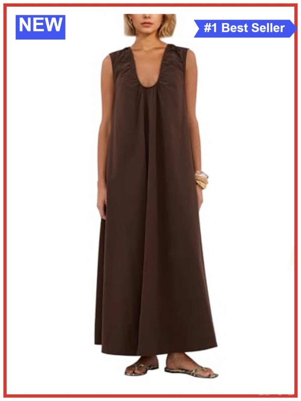 100% Cotton Sleeveless Maxi Dress Scoop Neck Ruched Swing Wide Straps Sundress